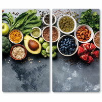 Neustanlo Glasschneideplatte & Herdabdeckplatte 50x28,5 cm | ESG-Sicherheitsglas 4 mm | rutschfest & hitzebeständig | Küchenabdeckung & Schneidbrett | Motiv Healthy Kitchen Grau Grün Rot Blau
