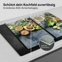 Neustanlo Glasschneideplatte & Herdabdeckplatte 50x28,5 cm | ESG-Sicherheitsglas 4 mm | rutschfest & hitzebeständig | Küchenabdeckung & Schneidbrett | Motiv Healthy Kitchen Grau Grün Rot Blau