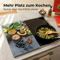 Neustanlo Glasschneideplatte & Herdabdeckplatte 50x28,5 cm | ESG-Sicherheitsglas 4 mm | rutschfest & hitzebeständig | Küchenabdeckung & Schneidbrett | Motiv Healthy Kitchen Grau Grün Rot Blau