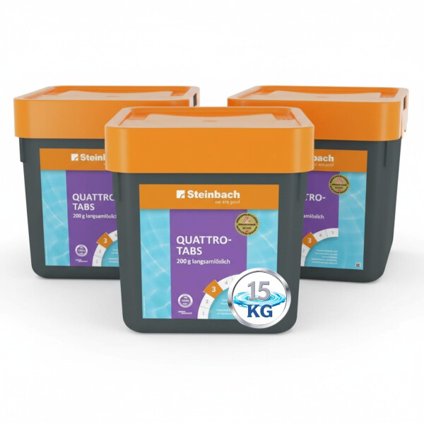 Steinbach Poolpflege Quattrotabs 200g langsamlöslich - XXL Vorratspackung - 15 kg - 4-in-1 Chlortabletten mit Flockungsmittel - pH-Stabilisator & Algenverhütung - Multifunktionstabletten