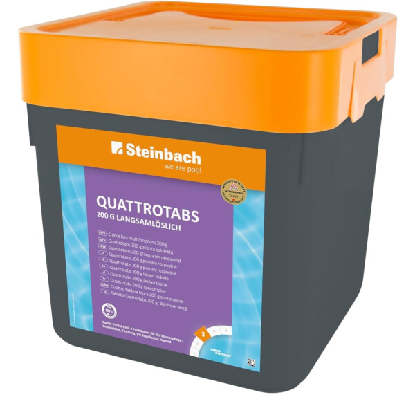 Steinbach Poolpflege Quattrotabs 200g langsamlöslich - 0752605TD00-5kg - 4-in-1 Chlortabletten mit Flockungsmittel - pH-Stabilisator & Algenverhütung - Multifunktionstabletten