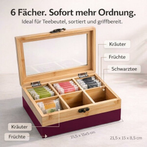 NEUSTANLO Tee Box mit Sichtfenster | 6 Fächer Teebox aus FSC Bambus | Aufbewahrungsbox 21,5x15x8,5 cm | Teebeutel Organizer mit Retro Verschluss | Beere Natur