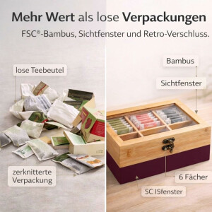 NEUSTANLO Tee Box mit Sichtfenster | 6 Fächer Teebox aus FSC Bambus | Aufbewahrungsbox 21,5x15x8,5 cm | Teebeutel Organizer mit Retro Verschluss | Beere Natur