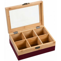 NEUSTANLO Tee Box mit Sichtfenster | 6 Fächer Teebox aus FSC Bambus | Aufbewahrungsbox 21,5x15x8,5 cm | Teebeutel Organizer mit Retro Verschluss | Beere Natur