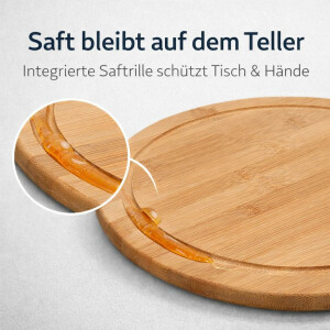 NEUSTANLO | Fleischteller Ø 30 cm | FSC Bambus Schneidebrett & Servierplatte | runder Holzteller mit Saftrille | ideal für Fleisch Pizza Brot & Snacks