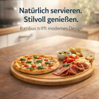 NEUSTANLO | Fleischteller Ø 30 cm | FSC Bambus Schneidebrett & Servierplatte | runder Holzteller mit Saftrille | ideal für Fleisch Pizza Brot & Snacks