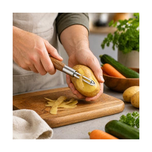 Kesper | Sparschäler Edelstahl & Akazienholz | FSC Holzgriff | 20,2 cm | scharfe Klinge | ergonomisch & langlebig | ideal für Obst & Gemüse