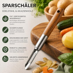 Kesper | Sparschäler Edelstahl & Akazienholz | FSC Holzgriff | 20,2 cm | scharfe Klinge | ergonomisch & langlebig | ideal für Obst & Gemüse