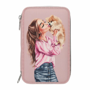 Depesche 14008 TOPModel Dots - Gefüllte 2-Fach Federtasche in Rosa, mit Model Motiv und Hund, Federmappe mit Buntstiften, Schere, Lineal UVM.