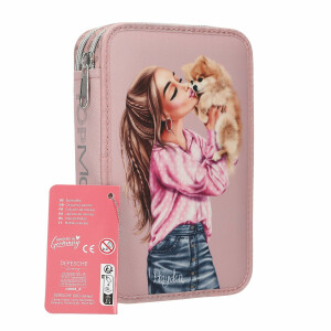 Depesche 14008 TOPModel Dots - Gefüllte 2-Fach Federtasche in Rosa, mit Model Motiv und Hund, Federmappe mit Buntstiften, Schere, Lineal UVM.
