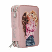Depesche 14008 TOPModel Dots - Gefüllte 2-Fach Federtasche in Rosa, mit Model Motiv und Hund, Federmappe mit Buntstiften, Schere, Lineal UVM.