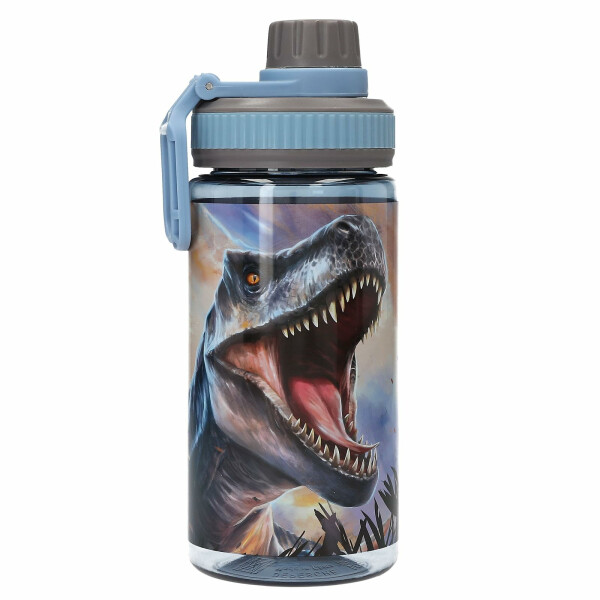 Depesche 13989 Dino World - Transparente Trinkflasche in Blau, mit T-Rex, Flasche mit Trinkverschluss und Griff, Fassungsvermögen ca. 500 ml