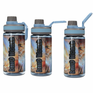 Depesche 13989 Dino World - Transparente Trinkflasche in Blau, mit T-Rex, Flasche mit Trinkverschluss und Griff, Fassungsvermögen ca. 500 ml