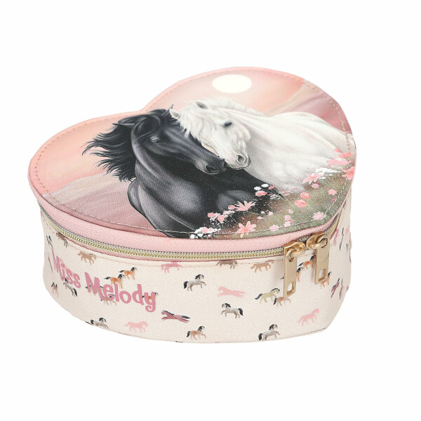 Depesche 13969 Miss Melody Blossom Pony - Mini Schmuckkästchen in Herzform, in Rosa, mit Pferde Motiv, Blumen und Pferde Muster, Schmuckbox mit Klappdeckel und Spiegel